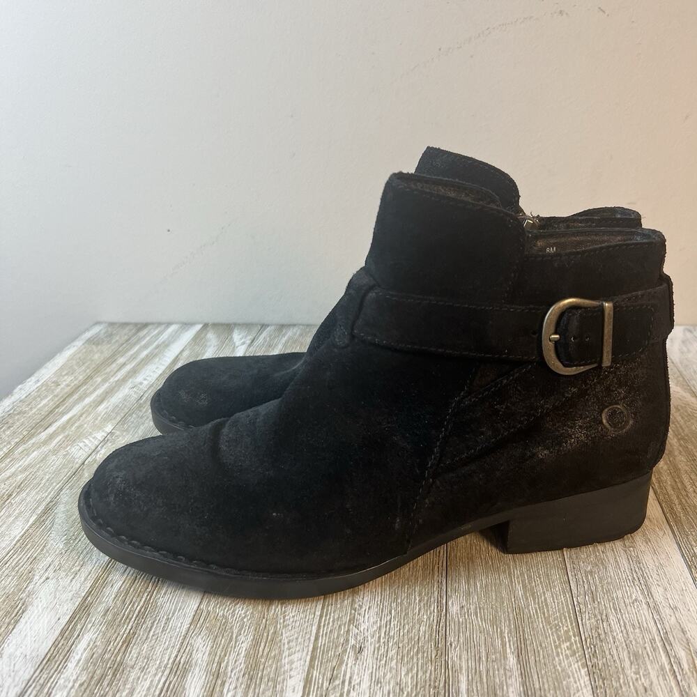 BORN 'Trinculo' Burnished Suede Cross Buckle Strap Side Zip Ankle Boots Sz. 8M